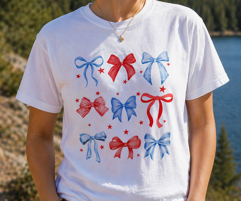 Red, White and Bow Adult Short Sleeve Shirt